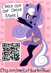 Size: 1200x1700 | Tagged: safe, artist:lizfoxyartis, derpibooru import, oc, oc only, oc:aether naut, earth pony, pony, earth pony oc, female, heart, mare, one eye closed, open mouth, qr code, smiling, solo, talking, wink