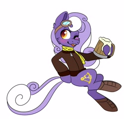 Size: 4096x3916 | Tagged: safe, alternate version, artist:inkynotebook, derpibooru import, oc, oc only, oc:aether naut, earth pony, pony, beer mug, blushing, boots, cider, clothes, earth pony oc, female, goggles, hoof hold, mare, one eye closed, scarf, shoes, simple background, solo, white background, wink