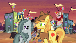 Size: 2063x1161 | Tagged: safe, derpibooru import, braeburn, marble pie, buffalo, earth pony, appleloosa, braeble, crack shipping, dancing, evening, female, festival, looking at each other, lyrics in the description, male, party, romance, shipping, smiling, straight, this will end in love, visiting, youtube link