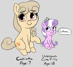 Size: 760x695 | Tagged: safe, artist:heretichesh, derpibooru import, diamond tiara, oc, oc:callista, oc:unknown cute filly, earth pony, pony, :t, dialogue, female, filly, giant pony, jewelry, macro, sitting, size difference, smiling, text, tiara