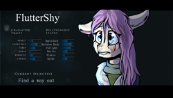 Size: 3000x1688 | Tagged: safe, artist:derpymuffinartist, derpibooru import, fluttershy, pegasus, pony, blood, character profile, crossover, female, floppy ears, solo, until dawn
