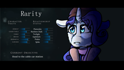 Size: 3000x1688 | Tagged: safe, artist:derpymuffinartist, derpibooru import, rarity, pony, unicorn, character profile, crossover, female, solo, until dawn