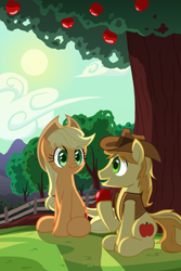 Size: 3600x5400 | Tagged: source needed, safe, artist:template93, derpibooru import, applejack, braeburn, earth pony, pony, absurd resolution, apple, apple tree, clothes, cloud, duo, family, fence, food, hat, hill, sitting, sky, sun, tree, vest