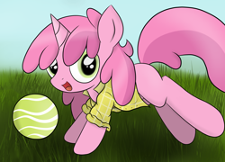 Size: 3550x2550 | Tagged: safe, artist:skatalapu, derpibooru import, ruby pinch, pony, unicorn, ball, clothes, female, grass, playing, solo