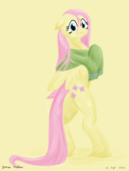 Size: 1800x2400 | Tagged: safe, artist:rockhoppr3, derpibooru import, fluttershy, pegasus, pony, bipedal, female, looking at you, mare, solo, towel, unshorn fetlocks, wet, wet mane