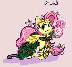 Size: 2048x1900 | Tagged: safe, artist:cosmicrewinds, derpibooru import, fluttershy, pegasus, pony, clothes, cute, dress, druid, dungeons and dragons, eyeshadow, fantasy class, female, flower, flower in hair, flutterdruid, glow, looking at you, magic, makeup, mare, mouth hold, ogres and oubliettes, pink background, plant, raised hoof, shyabetes, simple background, smiling, solo, vine, wand
