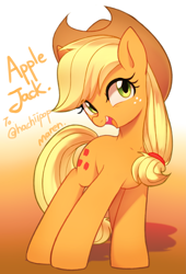 Size: 2317x3417 | Tagged: safe, artist:maren, derpibooru import, applejack, earth pony, pony, applejack's hat, cowboy hat, cute, female, gift art, gradient background, hat, high res, jackabetes, mare, open mouth, solo