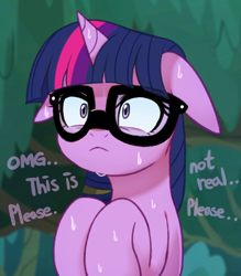 Size: 3000x3423 | Tagged: safe, artist:maren, derpibooru import, sci-twi, twilight sparkle, pony, unicorn, equestria girls, equestria girls series, spring breakdown, spoiler:eqg series (season 2), bust, equestria girls ponified, female, floppy ears, high res, mare, panic, scene interpretation, solo, sweat, twilighting, unicorn sci-twi