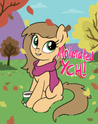 Size: 768x964 | Tagged: safe, artist:lannielona, derpibooru import, pony, advertisement, animated, autumn, bush, clothes, cloud, coffee, commission, falling leaves, female, gif, grass, leaf, leaves, mare, mountain, scarf, sitting, sky, smiling, solo, steam, tree, your character here