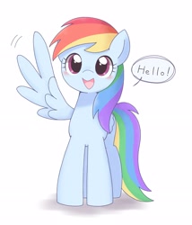Size: 2788x3261 | Tagged: safe, artist:ginmaruxx, derpibooru import, rainbow dash, pegasus, pony, blushing, cute, daaaaaaaaaaaw, dashabetes, dialogue, female, folded wing, high res, looking at you, mare, open mouth, open smile, pixiv, simple background, smiling, smiling at you, solo, speech bubble, spread wings, waving, white background, wing hands, wings