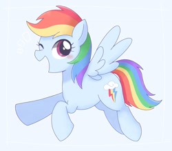 Size: 3305x2894 | Tagged: safe, artist:ginmaruxx, derpibooru import, rainbow dash, pegasus, pony, blue background, blushing, cute, dashabetes, female, high res, mare, one eye closed, open mouth, pixiv, simple background, solo, wink