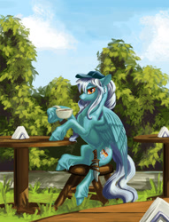 Size: 1200x1570 | Tagged: safe, artist:kirillk, derpibooru import, oc, oc only, oc:ice, pegasus, pony, coffee, food, knife, scenery, scenery porn, solo, table, tree, wings