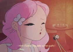 Size: 5432x3888 | Tagged: safe, artist:smileyjoke36, derpibooru import, fluttershy, human, absurd resolution, anime, eyes closed, fake screencap, food, hairclip, humanized, offscreen character, ranma 1/2, solo, subtitles, sushi