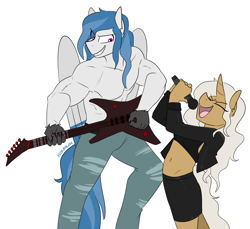 Size: 1434x1314 | Tagged: safe, artist:redxbacon, oc, oc only, oc:delta dart, oc:rewind, anthro, hippogriff, unicorn, big hair, clothes, delwind, guitar, leather jacket, leather skirt, microphone, muscular male, singing, size difference