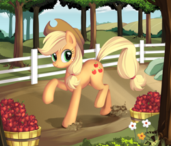 Size: 1400x1200 | Tagged: safe, artist:php58, applejack, earth pony, pony, apple, applejack's hat, detailed background, dirt, female, fence, flower, food, freckles, mare, raised hoof, smiling, solo, sweet apple acres, tree