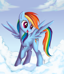 Size: 864x1002 | Tagged: safe, artist:php58, rainbow dash, pegasus, pony, cloud, cloudy, female, happy, looking down, mare, open mouth, raised hoof, sky, smiling, solo, spread wings, standing on a cloud, wings