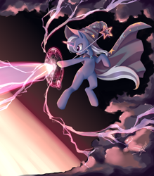 Size: 1400x1600 | Tagged: safe, artist:php58, trixie, female, floating, kamehameha, lightning, magic, magic circle, mare, mouth hold, solo, trixie's cape, trixie's hat, wand