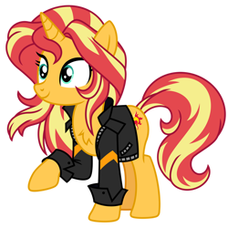 Size: 1024x1024 | Tagged: safe, artist:ambris, artist:emeraldblast63, sunset shimmer, pony, unicorn, chest fluff, clothes, cute, female, jacket, leather jacket, mare, raised hoof, redesign, shimmerbetes, simple background, solo, transparent background