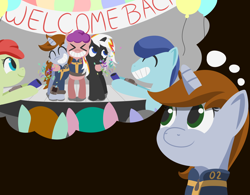 Size: 1920x1500 | Tagged: safe, artist:toshimatsu, derpibooru exclusive, derpibooru import, oc, oc only, oc:littlepip, oc:velvet remedy, fallout equestria, balloon, banner, clothes, confetti, eyes closed, female, hooves, horn, male, mare, overmare, party, pipbuck, stallion, thought bubble, vault suit