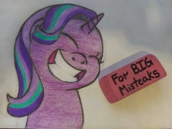 Size: 1626x1220 | Tagged: safe, artist:drbksmd, derpibooru import, starlight glimmer, pony, unicorn, memnagerie, spoiler:memnagerie, cute, eraser, eyes closed, female, glimmerbetes, grin, laughing, mare, meme, misspelling, smiling, solo, traditional art