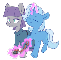 Size: 3750x3653 | Tagged: safe, artist:chub-wub, derpibooru import, boulder (pet), maud pie, trixie, earth pony, pony, unicorn, belt, clothes, collar, dress, eyes closed, eyeshadow, female, glowing horn, horn, leash, lesbian, levitation, magic, makeup, mare, mauxie, raised hoof, raised leg, shipping, simple background, telekinesis, transparent background