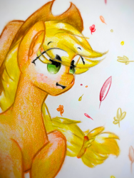 Size: 1920x2560 | Tagged: safe, artist:stardust0130, derpibooru import, applejack, earth pony, pony, applejack's hat, autumn, blushing, cowboy hat, cute, female, freckles, hat, jackabetes, leaves, mare, smiling, solo, traditional art, windswept mane