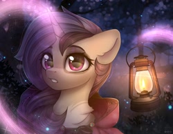 Size: 2000x1550 | Tagged: safe, artist:reterica, derpibooru import, oc, oc only, oc:moonsonat, pony, unicorn, chest fluff, female, lantern, magic, mare, night, palindrome get, solo, telekinesis