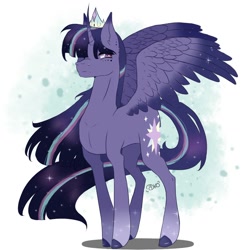 Size: 1024x1024 | Tagged: safe, artist:kurookaamii, derpibooru import, twilight sparkle, twilight sparkle (alicorn), alicorn, pony, colored hooves, colored wings, colored wingtips, crown, curved horn, female, horn, jewelry, mare, redesign, regalia, signature, solo, sparkles