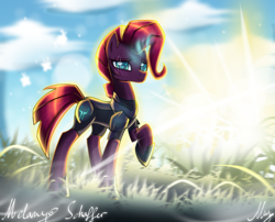 Size: 2100x1700 | Tagged: safe, artist:melanyschaffer, derpibooru import, tempest shadow, pony, unicorn, broken horn, cloud, eye scar, female, field, glowing horn, horn, mare, raised hoof, scar, signature, sky, smiling, solo, storm king armor, sun