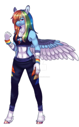 Size: 600x957 | Tagged: safe, artist:malinraf1615, derpibooru import, rainbow dash, anthro, pegasus, unguligrade anthro, abs, alternate hairstyle, bandage, belly button, breasts, cleavage, clothes, coat markings, deviantart watermark, female, obtrusive watermark, pants, simple background, solo, sports bra, sweatpants, tape, transparent background, unshorn fetlocks, watermark, wristband