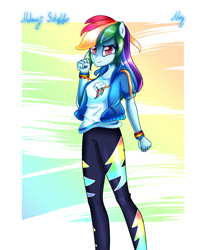 Size: 1700x2100 | Tagged: safe, artist:melanyschaffer, derpibooru import, rainbow dash, equestria girls, abstract background, female, ponied up, signature, smiling, solo