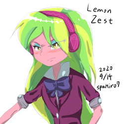 Size: 2000x2000 | Tagged: safe, artist:spahiro7, derpibooru import, lemon zest, equestria girls, blushing, clothes, crystal prep academy uniform, eye clipping through hair, female, frown, headphones, school uniform, signature, simple background, solo, tsundere, tsundere zest, white background