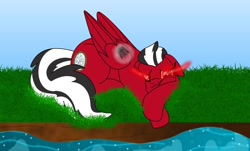 Size: 1280x772 | Tagged: safe, artist:lynnthenerdkitty, derpibooru import, pony, creek, decepticon, floppy ears, glowing eyes, lying down, ponified, prone, sad, shatter, transformers