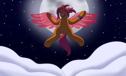 Size: 1280x772 | Tagged: safe, artist:lynnthenerdkitty, derpibooru import, alicorn, pony, unicorn, artificial alicorn, artificial wings, augmented, change, cloud, eyes closed, flying, full moon, lyrics in the description, moon, night, open mouth, ponified, sari sumdac, singing, transformers, wings, wristband