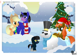 Size: 920x651 | Tagged: safe, artist:edonovaillustrator, derpibooru import, applejack, oc, oc:loud off, earth pony, pony, unicorn, canon x oc, christmas, christmas tree, clothes, cowboy hat, digital art, female, filly, foal, hat, holiday, horn, male, mare, ponyville, santa hat, snow, snowpony, stallion, tail, tree