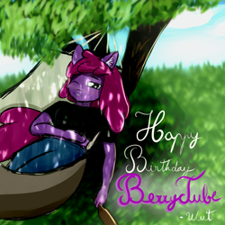 Size: 4000x4000 | Tagged: safe, artist:wut, derpibooru import, berry punch, berryshine, anthro, earth pony, alcohol, beer, berrytube, blushing, chill, ear fluff, female, grass, hammock, looking at you, solo, tree