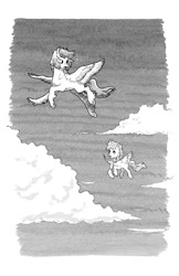 Size: 644x995 | Tagged: safe, artist:adeptus-monitus, derpibooru import, hippogriff, pegasus, pony, fanfic:through the aurora, duo, flying, grayscale, monochrome, traditional art