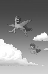 Size: 695x1080 | Tagged: safe, artist:adeptus-monitus, derpibooru import, hippogriff, pegasus, pony, fanfic:through the aurora, duo, flying, grayscale, monochrome, sky