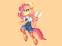 Size: 1024x768 | Tagged: safe, artist:rainydayjitters, derpibooru import, oc, oc:strawberry sunrise, anthro, pegasus, unguligrade anthro, clothes, orange background, overalls, simple background, solo, two toned wings, wings