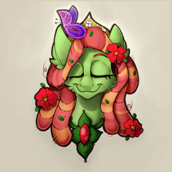 Size: 2048x2048 | Tagged: safe, artist:mychelle, derpibooru import, tree hugger, butterfly, pony, bust, eyes closed, portrait, simple background, solo