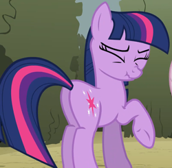 Size: 1566x1533 | Tagged: safe, derpibooru import, screencap, twilight sparkle, earth pony, pony, the return of harmony, adorkable, butt, cropped, cute, dork, earth pony twilight, eyes closed, female, mare, missing horn, plot, raised hoof, scrunchy face, solo, underhoof