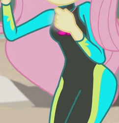 Size: 1092x1129 | Tagged: safe, derpibooru import, screencap, fluttershy, equestria girls, equestria girls series, unsolved selfie mysteries, beach, clothes, cropped, curvy, female, geode of shielding, hips, magical geodes, ocean, pictures of bellies, sexy, solo, swimsuit, wetsuit