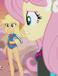 Size: 1358x1789 | Tagged: safe, derpibooru import, screencap, applejack, fluttershy, aww... baby turtles, better together, equestria girls, beach, belly button, breasts, clothes, cropped, duo, female, geode of fauna, geode of super strength, hairpin, magical geodes, sandals, sexy, sideboob, swimsuit, wetsuit