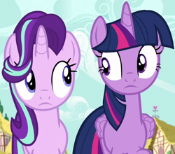 Size: 1304x1145 | Tagged: safe, derpibooru import, screencap, starlight glimmer, twilight sparkle, twilight sparkle (alicorn), alicorn, pony, unicorn, fame and misfortune, cropped, duo, female, looking at each other, mare