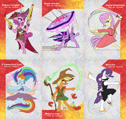 Size: 3507x3308 | Tagged: safe, artist:calena, derpibooru import, applejack, fluttershy, pinkie pie, rainbow dash, rarity, twilight sparkle, earth pony, pegasus, pony, unicorn, clothes, colored, cute, dexterous hooves, flat colors, gun, hoof hold, horn, magic, magician, magician outfit, mane six, ninja, rpg, shotgun, sword, swordpony, weapon, wings, ych example, your character here