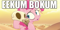 Size: 867x442 | Tagged: safe, derpibooru import, edit, edited screencap, screencap, pinkie pie, earth pony, pony, my little pony: the movie, banjo kazooie, caption, desert, dishevelled, eekum bokum, image macro, korone ingugami, messy mane, skull, solo, text, vtuber