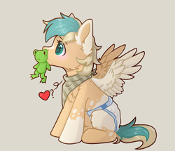 Size: 4192x3606 | Tagged: safe, artist:dark lightning, derpibooru import, oc, oc:sun light, frog, pegasus, pony, bandana, chibi, child, diaper, female, filly, heart, solo, toy