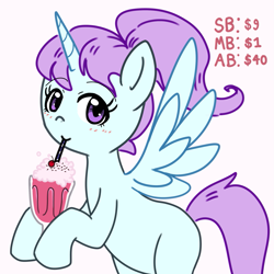 Size: 1617x1617 | Tagged: safe, artist:nightmare fuel, derpibooru import, alicorn, pony, auction, commission, cute, dessert, drink, female, happy, hoof hold, looking at you, mare, milkshake, missing cutie mark, simple background, smiling, smiling at you, solo, ych example, your character here