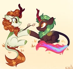 Size: 1958x1849 | Tagged: safe, artist:n in a, artist:n_in_a_arts, derpibooru import, autumn blaze, cinder glow, summer flare, kirin, nirik, duo, food, hoofbump, marshmallow, simple background, sitting, smiling