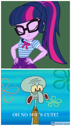 Size: 1080x1920 | Tagged: safe, artist:tjxendlue, derpibooru import, edit, screencap, sci-twi, twilight sparkle, equestria girls, cute, meme, nervous, oh no he's hot, spongebob squarepants, squidward tentacles